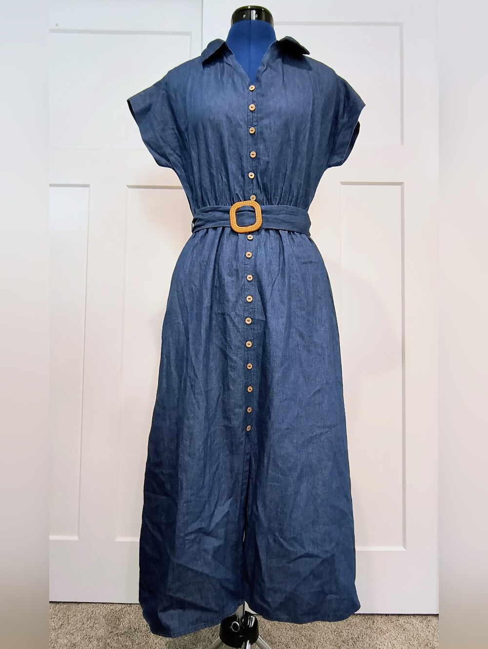 NWT Denim-Style Button-Front Maxi Shirtdress with Belt (100% Cotton)